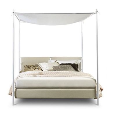 Beverly - Letto matrimoniale tessile con baldacchino e base contenitore